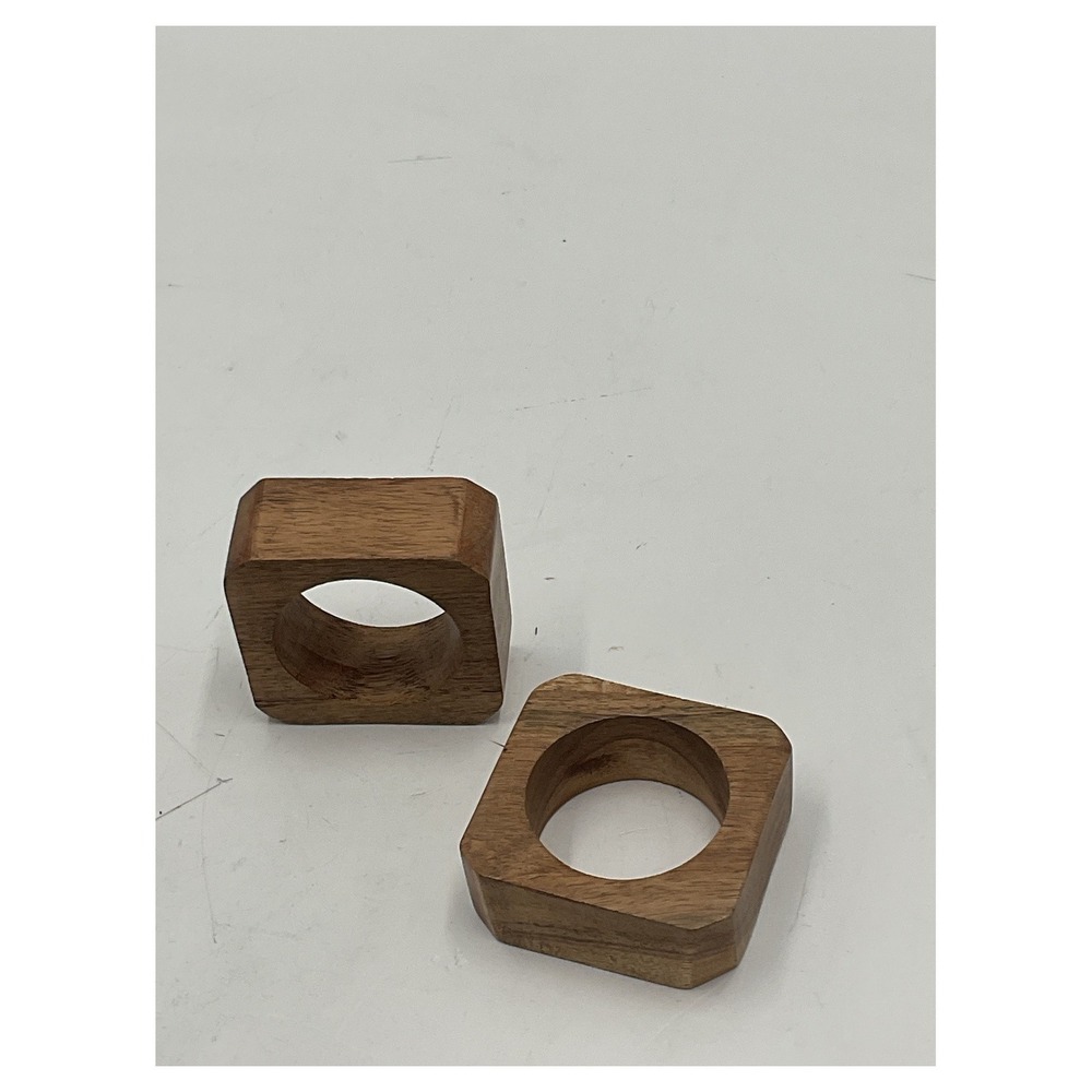 Set of 12 Modern Square Wooden Napkin Rings Beveled Edge Natural Wood Brown
